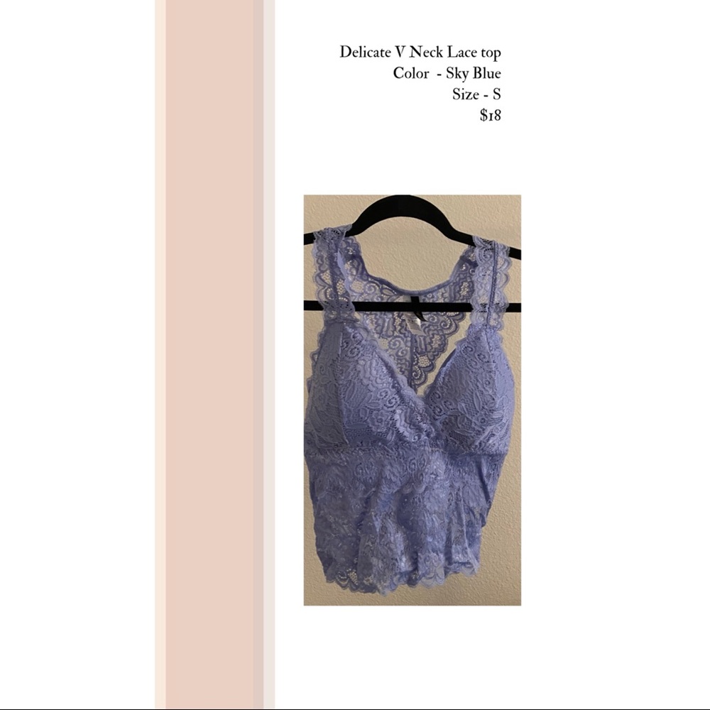 Delicate V Neck Lace Top Sky Blue